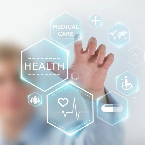 Mensch tippt auf einen imaginären Screen auf die Healthcare Wabe